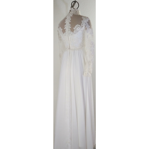 Vintage Lace Embroidered High Collar A-Line Chiffon Victorian Wedding Dress - Picture 8 of 14